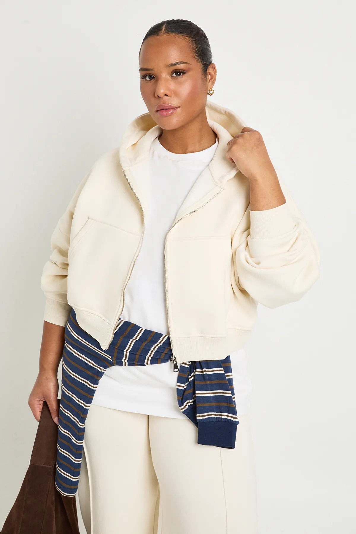 Ecru boohoo Plus Core Basic Boxy Balloon Sleeve Oversized Zip Through Hoodie | PrettyLittleThing ... | Pretty Little Thing (Australia & New Zealand)