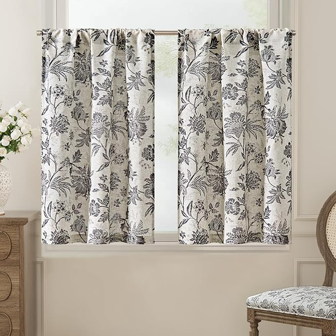 jinchan Floral Linen Tier Curtains 24 Inch Farmhouse Cafe Curtains Rod Pocket Country Flower Drap... | Amazon (US)