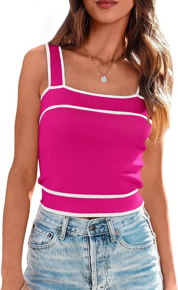 NALANISA Women's Trendy Summer Square Neck Crop Tank Tops 2026 Casual Color Block Knit Sleeveless... | Amazon (US)