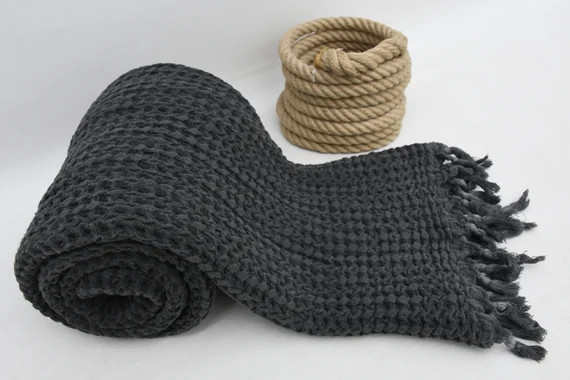 Waffle Blanket, Beach Blanket, Sofa Decor Blanket, Turkish Blanket, 55"x66" Dark Gray Blanket, St... | Etsy (US)