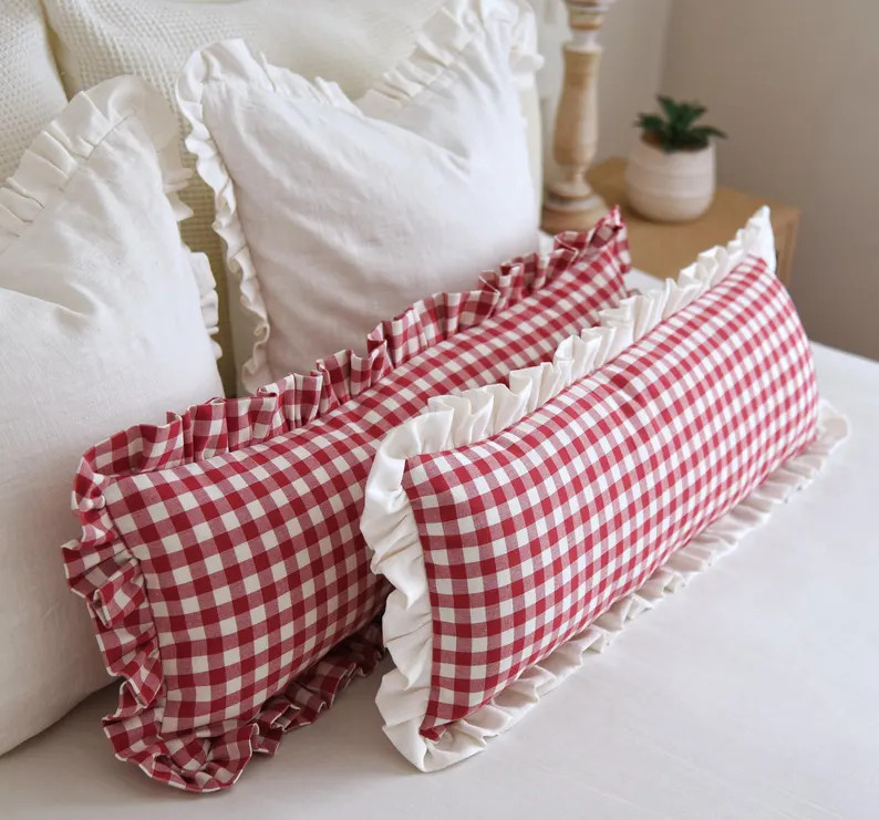 Red Gingham Lumbar Ruffle Cushion Cover Extra Large Bolster Ruffle Pillow Red Long Vichy Cushion ... | Etsy (Global)
