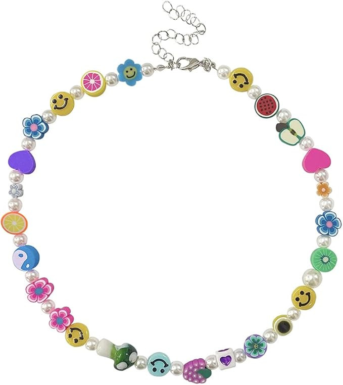 Smiley Face Pearl Choker Necklace Flower Fruit Yin Yang Rainbow Polymer Clay Beads Cute Creative ... | Amazon (US)