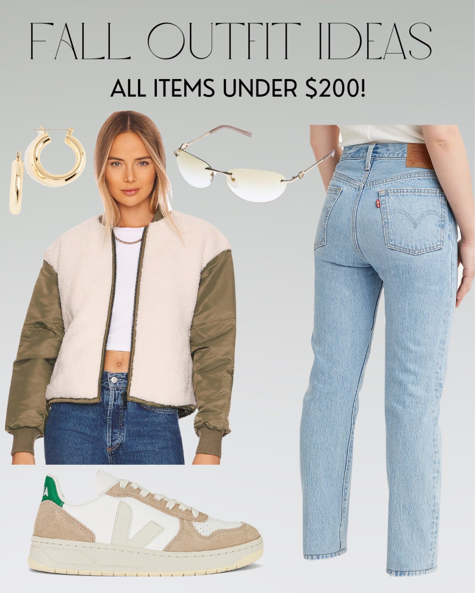 Fall outfit idea, what to wear in the fall, casual outfit ideas, fall outfits, jeans under 100, affordable style, bomber jacket, shearling jacket, Sherpa jacket, cool sneakers, Veja, gold hoop earrings, rimless sunglasses, effortless style

#LTKSeasonal #LTKstyletip #LTKunder100