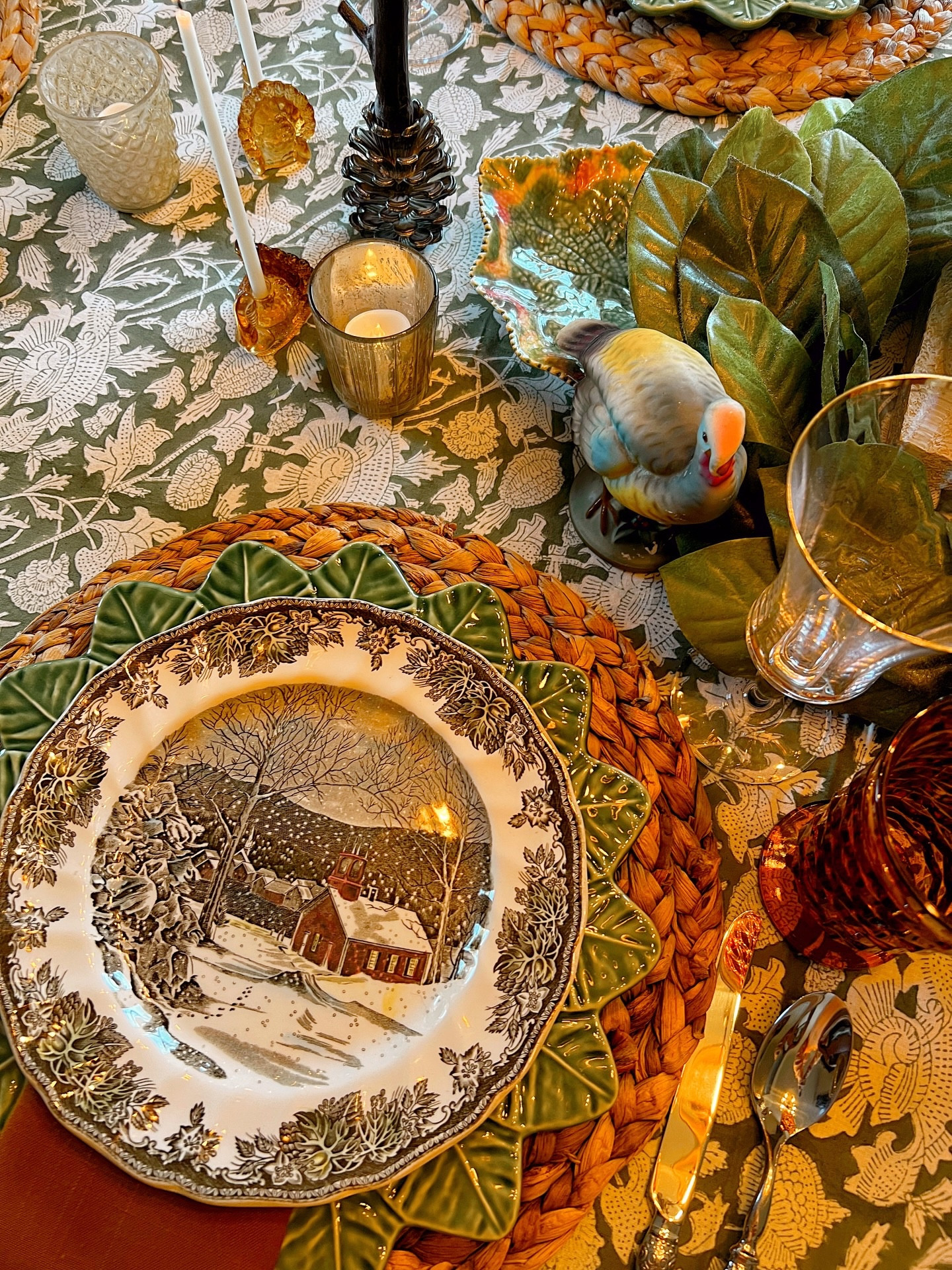 Thanksgiving Tablescape Tuesday – Week 4
 If I had to pick a favorite from the Thanksgiving Tablescape series, this might be it. There’s just something about green, amber, and candlelight that feels like Thanksgiving to me.

This table layers sentimental pieces from the women who came before me… Grannie’s Johnson Brothers Friendly Village dishes, Mema’s turkey figurines, and Mama’s gold-rimmed glassware. These pieces share the spotlight alongside my own favorites: a green block print tablecloth, Bordallo Pinheiro lemon leaf chargers, and woven placemats.

The centerpiece is a magnolia wreath framing a stone fruit topiary from @willowandpearls. The perfect mix of classic and Southern. Add in a glow from the candles, and it’s everything I love about this season: memory, warmth, and gratitude gathered around the table.
#ThanksgivingTablescapeTuesday #thesentimentaltable 
•
•
•
•
•
•
•
Vintage Decor | Home Inspiration | Collected Home | Traditional Home | Sentimental Style | Curating Joy | The Sentimental Decorator | Joyful Rituals of Home | Sentimental Home | Homes with a Story

#sentimentalhome #thesentimentaldecorator #sentimentalstyle #styleyourstory #meaningfulhomedecor