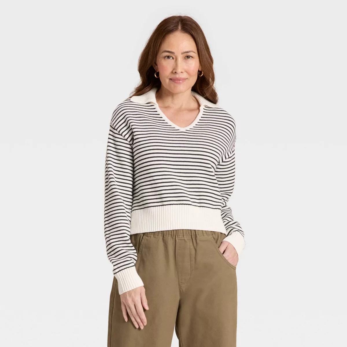 Women's Collared Neck Pullover Sweater - Universal Thread™ Black Striped S | Target