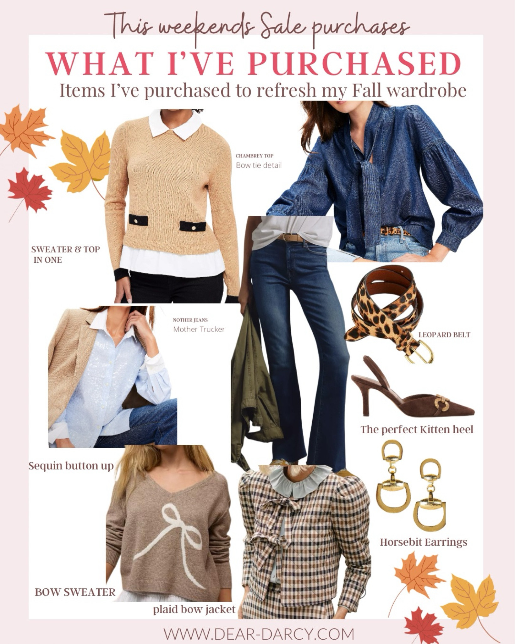 9 things I purchased this Labor Day weekend to refresh my Fall wardrobe 🍂

Most on sale but a couple items not on sale . 

Loft 30% off
-Sweater and top combo
-Denim button up with bow tie (denim everything for Fall) 
-Sequins light blue button up
-Leopard belt -trending 

Anthro 25% off premium denim Sale 
-Mothers denim frayed hem  premium denim you’ll love and live in

-American Eagle  sale 
Bow sweater 
Bo’s are a big trend for fall 

-Amazon find horse bit earrings Amazon find

-Chocolate brown is hot hot for fall and winter and these kitten heel dolce vita heels are so good

-The cutest plaid jacket with bow detail and a small puff sleeve 




#LTKSaleAlert #LTKFallSale #LTKFindsUnder50