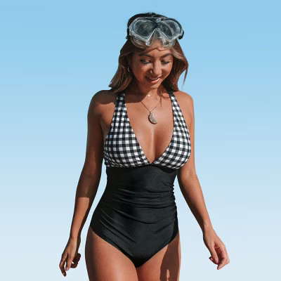 Women's Gingham One Piece Swimsuit Ruched Cross Back Vintage Swimwear Bathing Suits -Cupshe | Target
