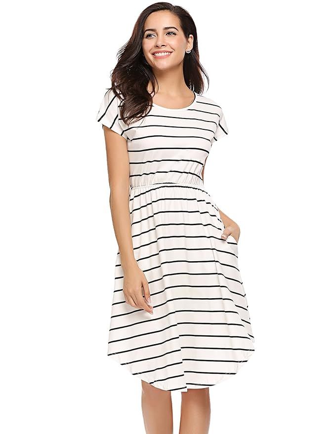 Halife Women's Summer Casual Stripe Elastic Waist Loose Beach Midi Dress | Amazon (US)