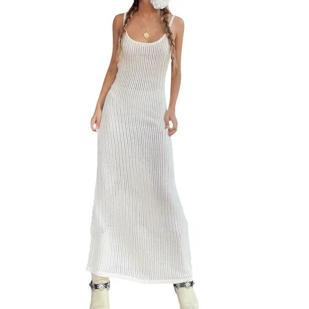 Women s Spaghetti Straps Maxi Dress Sleeveless Crochet Knit Hollow Out Long Summer Dresses Beach Sun | Walmart (US)