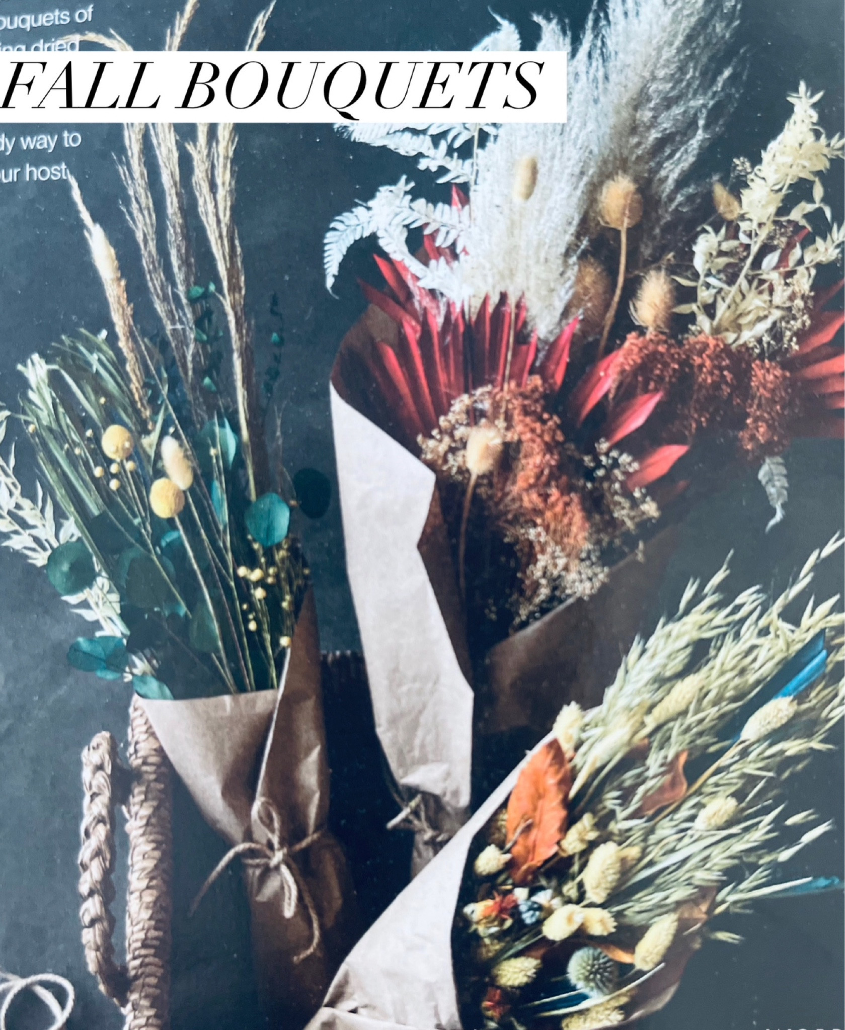 Fall decor! Fall dried bouquets with palm and eucalyptus - dried fall flowers for fall home decor at Crate and Barrel! Rust colored fall foliage. 

#LTKhome