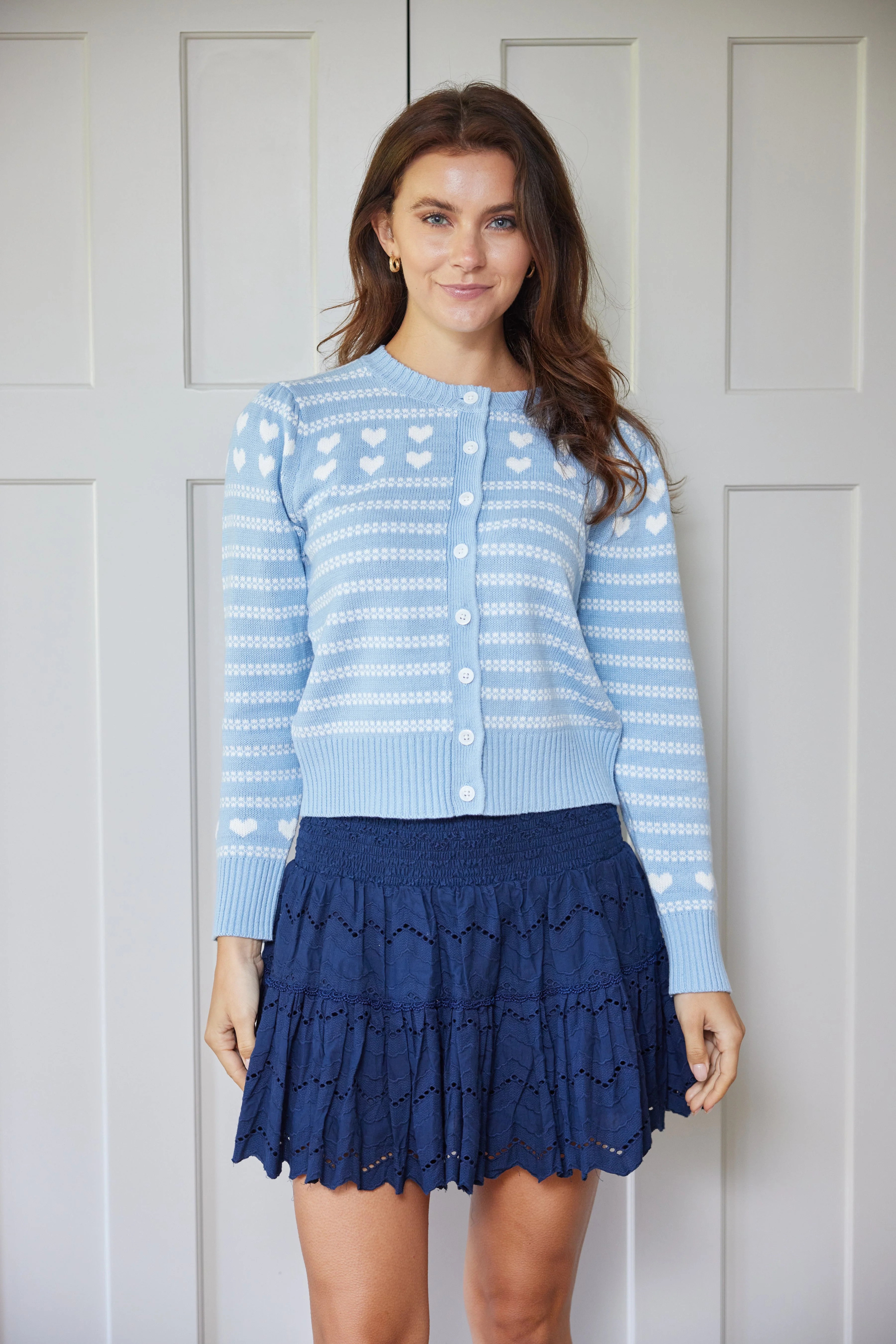 Blue & White Puff Sleeve Heart Cardigan | Sail to Sable