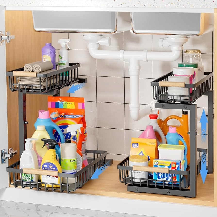 Bnimtm Kitchen Storage & Organisation, 2 Pack Under Sink Storage, Two Tiers of Pull-Out and Freel... | Amazon (UK)