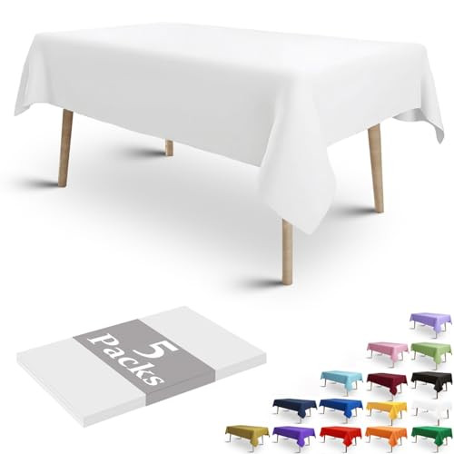 FULDGAENR 5 Packs Plastic Tablecloth, Disposable White Table Cloths 54x108 Inch Size for 6-8 Foot Rectangle Table Indoor/Outdoor Parties Birthdays Weddings Anniversary | Amazon (US)