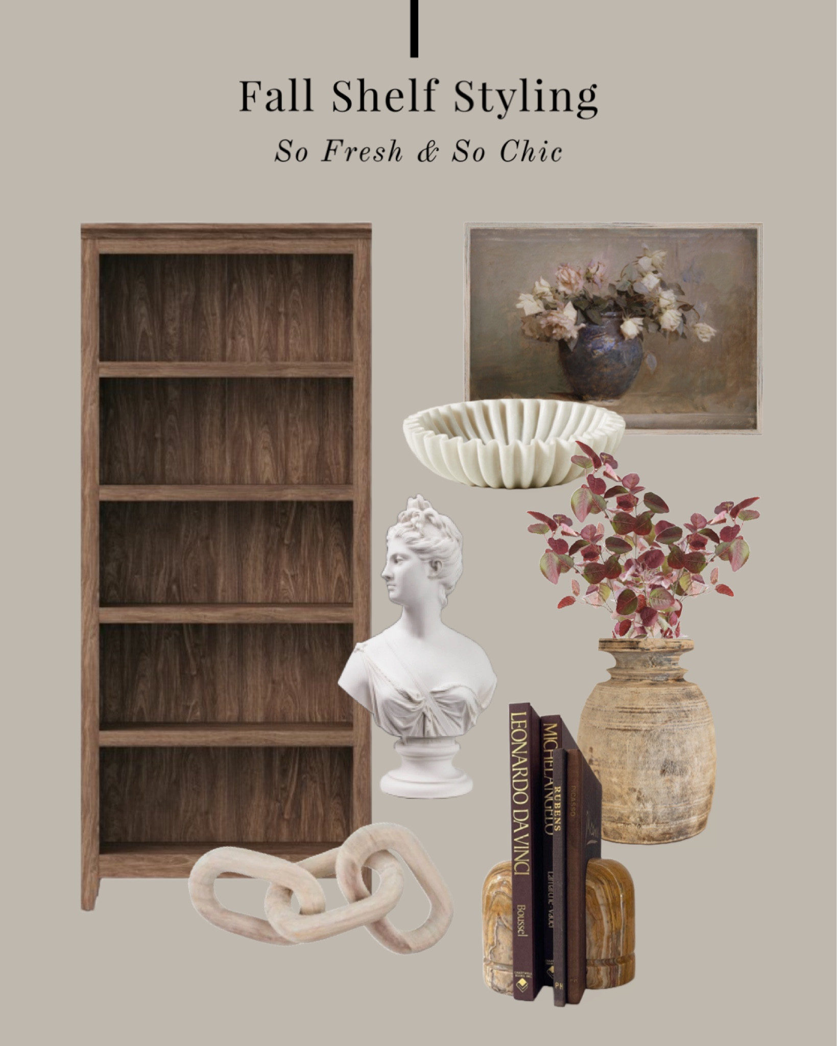 Fall shelf styling!
-
shelf decor - affordable home decor - Etsy - Greek bust - Diana bust - vintage farmhouse vase - walnut book shelf- Target - fall flowers - faux stems - vintage floral painting - vintage print - printable wall art - wood chain link - coffee table decor - onyx book ends - vintage decor - living room decor - transitional style - marble bowl - ruffled bowl - Fall home refresh - 

#LTKunder100 #LTKSeasonal #LTKhome