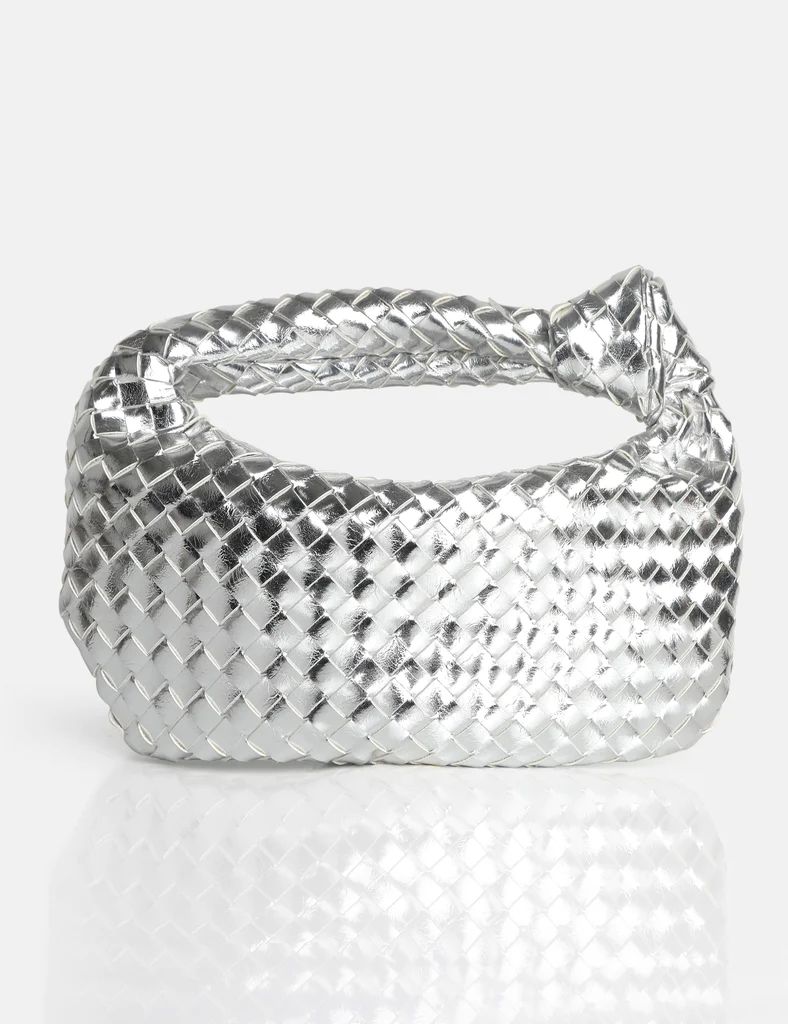 The Blame Metallic Silver Mirror Woven PU Knot Detail Mini Grab Bag | Public Desire (US & CA)