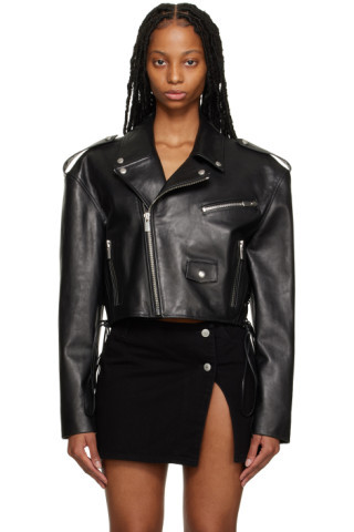 Black Cropped Leather Biker Jacket | SSENSE