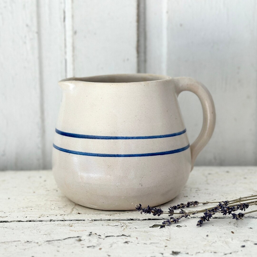 Vintage Blue Striped Stoneware Crock Pitcher Blue and Cream Modern Farmhouse | Etsy (US)