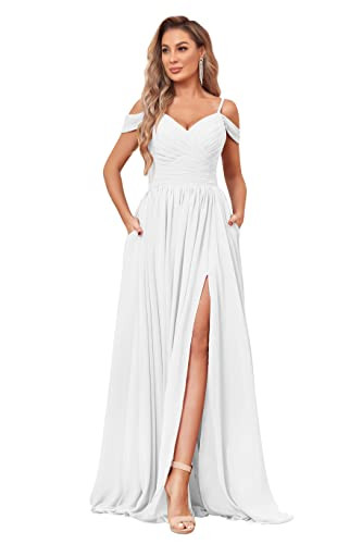 BOLENSYE Off The Shoulder Wedding Dresses Long Chiffon Ruched Formal Evening Party Gown with Slit White Size2 | Amazon (US)