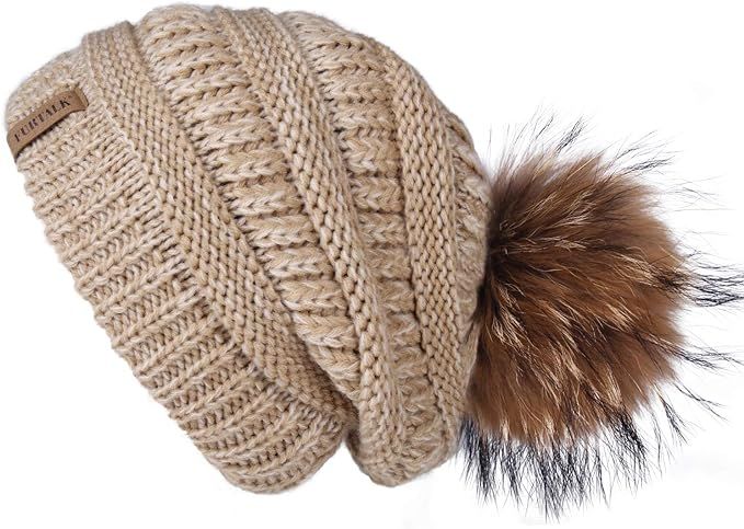 FURTALK Winter Real Fur Pom Beanie Hat Warm Oversized Chunky Cable Knit Slouch Beanie Hats for Wo... | Amazon (US)