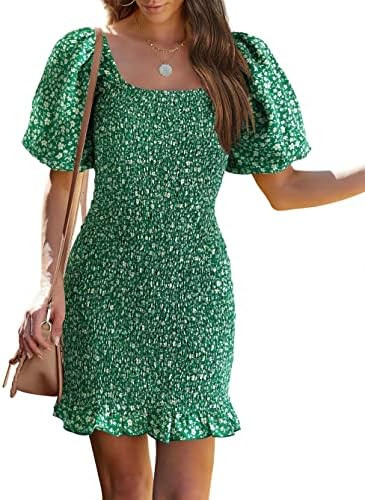 PRETTYGARDEN Women's 2025 Summer Floral Puff Sleeve Mini Dress Square Neck Ruffle Hem Bodycon Dre... | Amazon (US)
