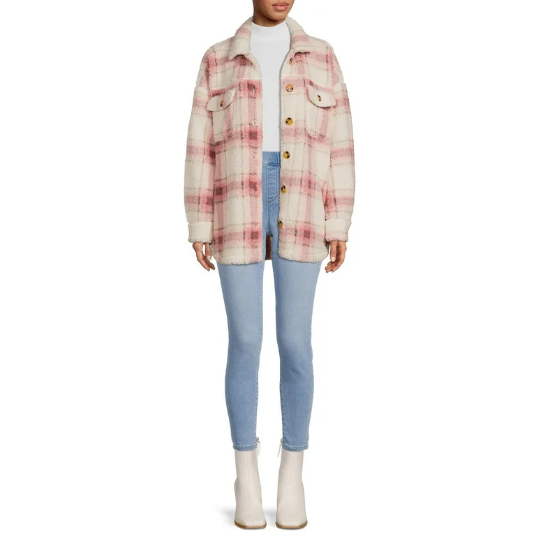 No Boundaries Juniors’ Faux Sherpa Shacket | Walmart (US)