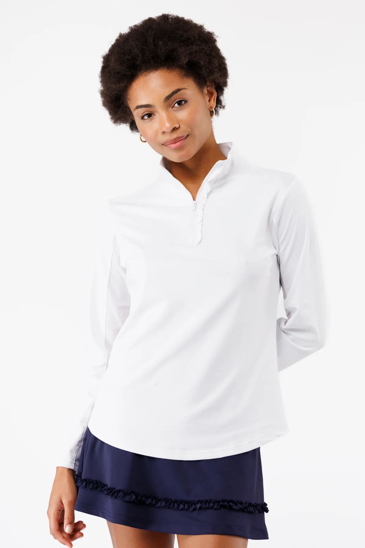 The Ava 1/4 Zip with Ruffle - White | Smith and Quinn