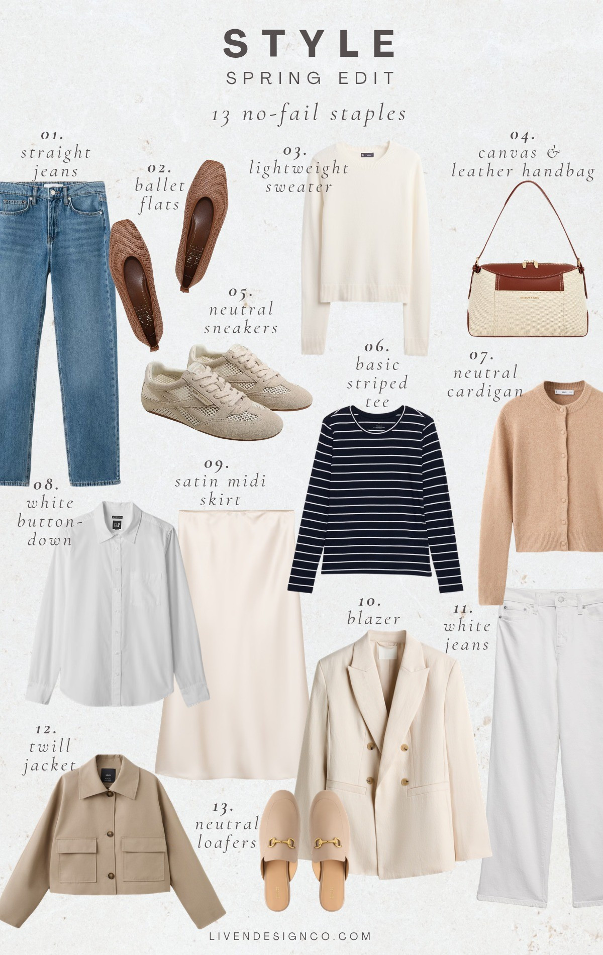 Spring style staples. Wardrobe capsule. Style essentials. Straight denim. White jeans. Crewneck sweater. Cardigan. Mules. Loafers. Ballet flats. Woven flats. Canvas leather handbag. Button down shirt. Striped tee. Neutral sneakers. Fashion sneakers. Blazer. Twill jacket. Silk satin slip skirt. Midi skirt. 

#LTKSpringSale #LTKSaleAlert #LTKSeasonal