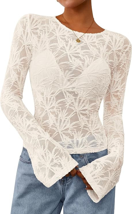 PRETTYGARDEN Women's See Through Sheer Lace Long Sleeve Tops | Bell Sleeves, Fitted Floral Blouse... | Amazon (US)