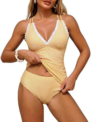 ZAFUL Womens Tankini Swimsuits Smocked 2 Piece Bathing Suits Modest Tie Back Swimwear | Amazon (US)