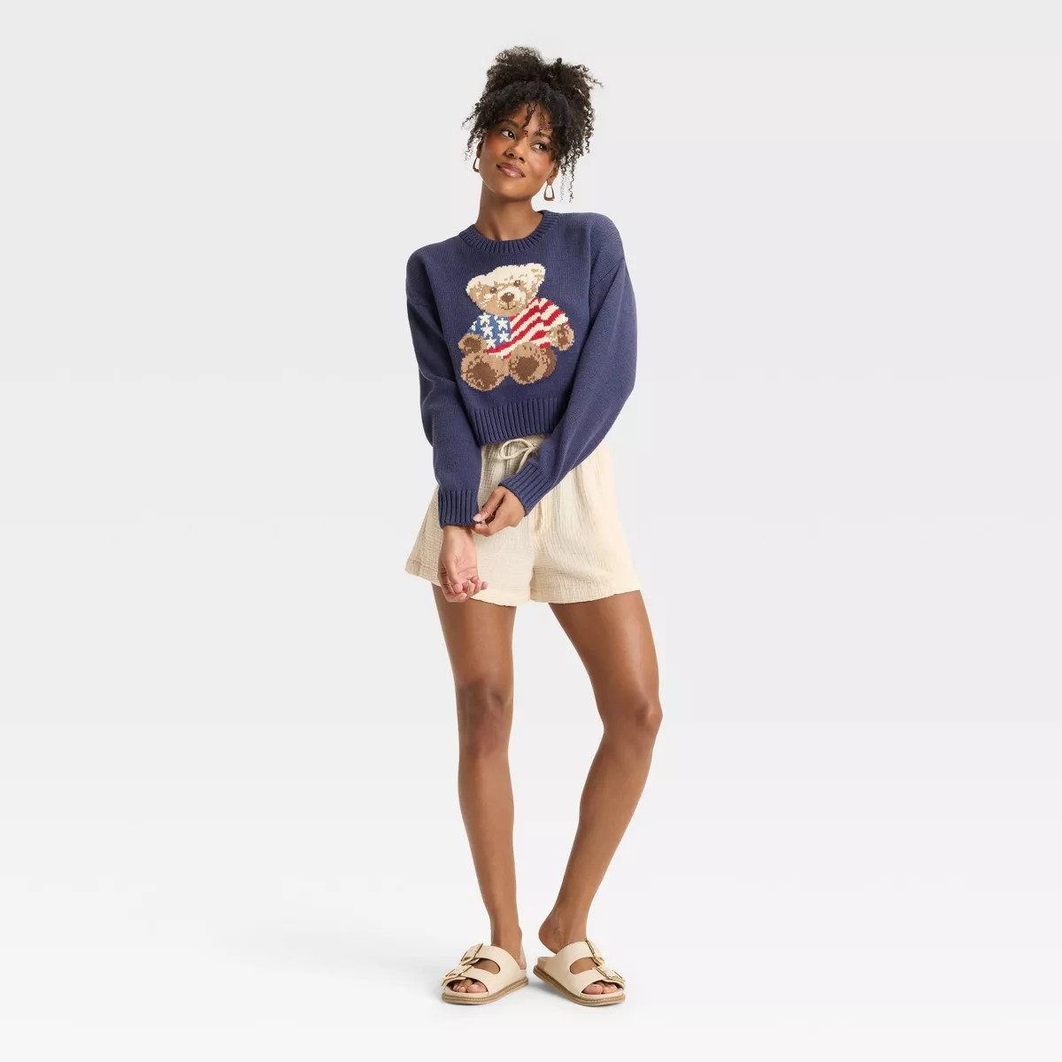 Women's Teddy Bear Flag Graphic Sweater - Navy | Target