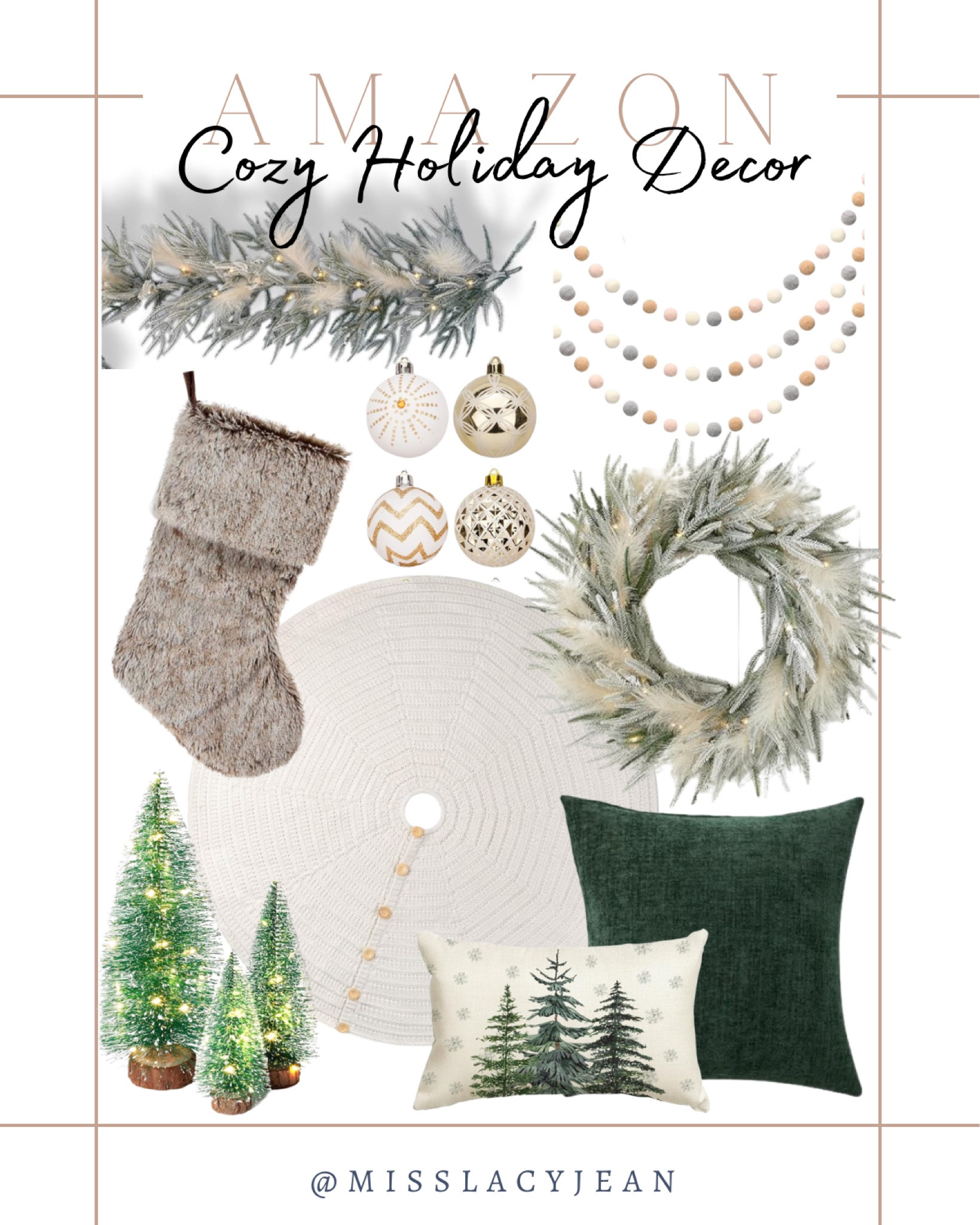 Holiday decor includes tree skirt, throw pillows, wreath, ornaments, fur stocking, bottle brush trees, garland, felt garland.

Holiday decor, Christmas decor, Christmas decorations

#LTKHoliday #LTKhome #LTKSeasonal