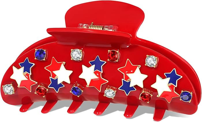 4th of July Patriotic Hair Claw Clips for Women Red White Blue Sparkle Crystal Pearl Stars Claw C... | Amazon (US)