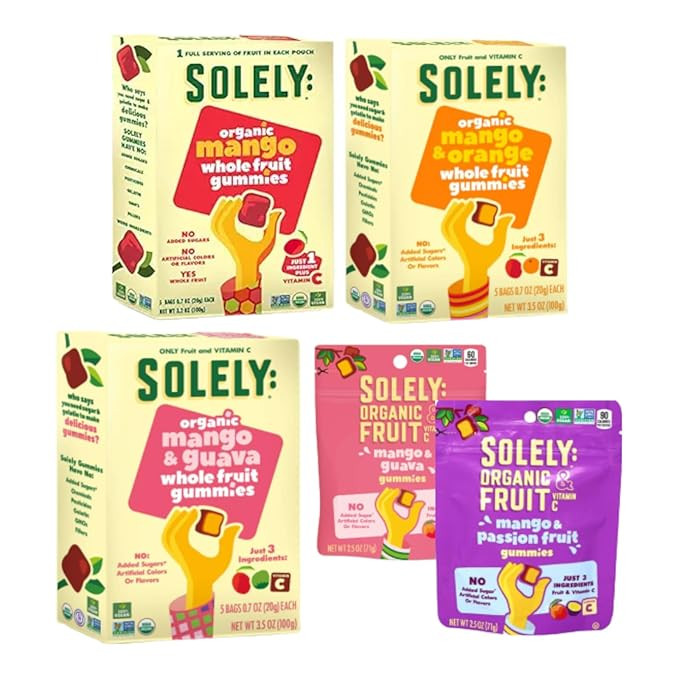 Solely Organic Fruit Gummies 5-Pack Variety Sampler | Mango, Mango-Orange, Mango-Guava 3.5oz Boxe... | Amazon (US)