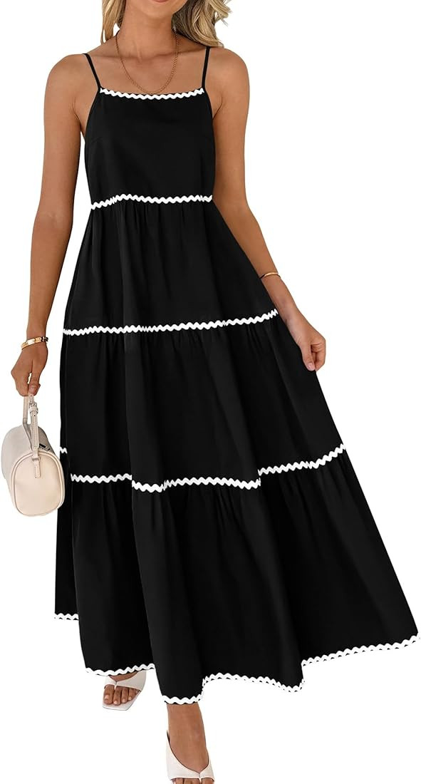 BTFBM Boho Summer Dresses 2024 Vacation Spaghetti Strap Backless RIC Rac Trim Tiered A-Line Long ... | Amazon (US)
