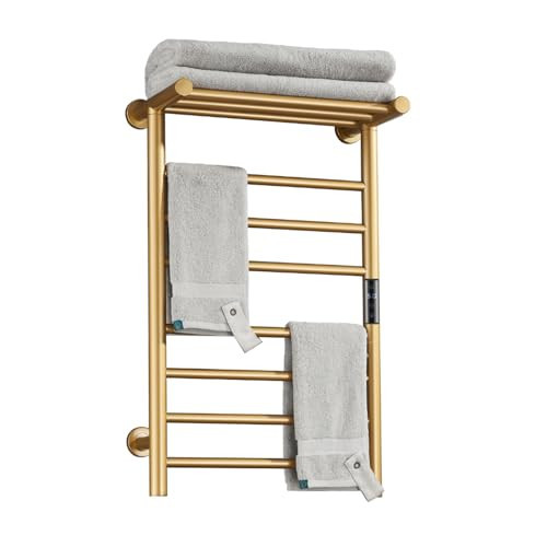 XMGJ Electric Towel Warmer Gold with Timer, 7 Bar Wall Mounted Heated Towel Rack for Bathroom, 304 Stainless Steel Heater Towel Rail with Top Shelf, Energy Efficient 70 W, 720*450*250Mm, Hardwiring | Amazon (US)