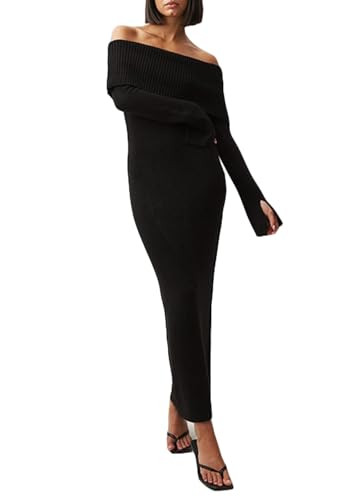 LETSVDO Women's Off The Shoulder Sweater Dress Long Sleeve Bodycon Knit Ribbed Sexy Party Maxi Dresses Black | Amazon (US)