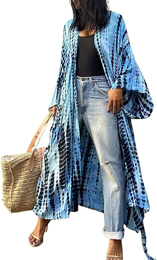 Chunoy Women Loose Long Flowy Open Front Kimono Cardigan Beach Wear Cover Up | Amazon (US)
