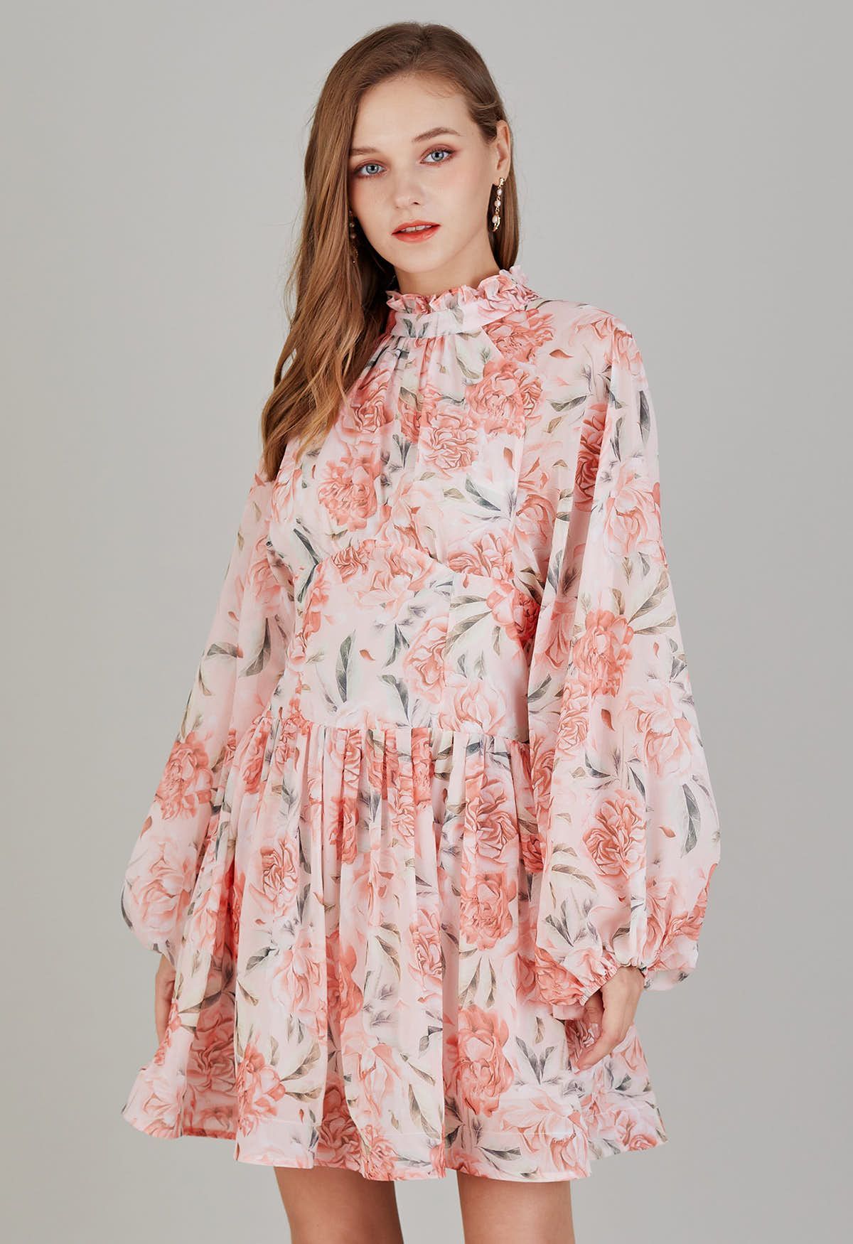 Cutout Back Floral Bubble Sleeve Frilling Dress in Blush | Chicwish