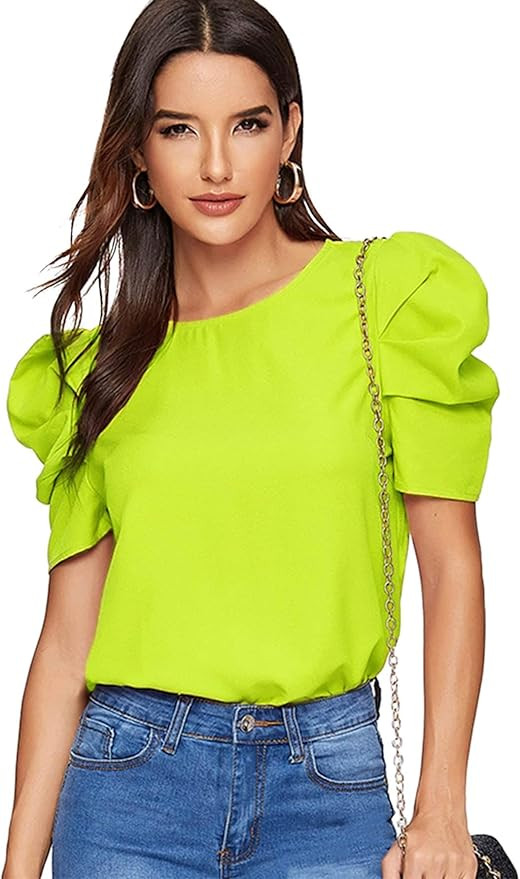 Floerns Women's Round Neck Short Puff Sleeve Keyhole Back Blouse Tops | Amazon (US)