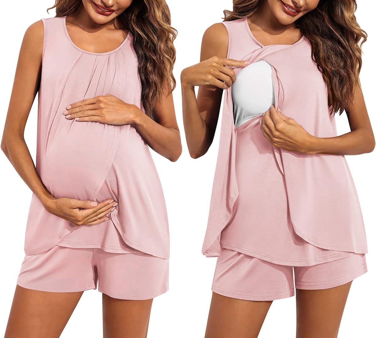 Ekouaer Women Maternity Nursing Pajama Set Breastfeeding Sleepwear Double Layer Sleeveless Top & ... | Amazon (US)
