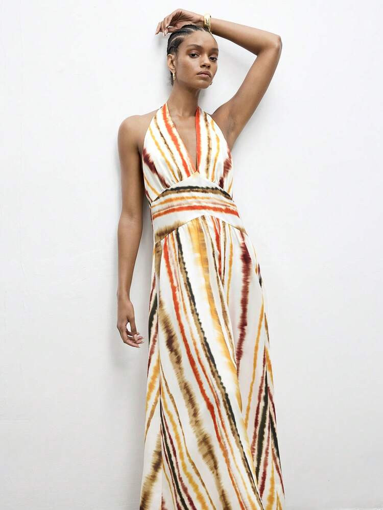 Maija Tie-Dye Print Dress For Women, V-Neck Halter Backless Design With Voluminous Skirt, Flattering Waistline, Suitable For Vacation & Beach Tie-Dye Dress Beach Long Dress Long Dress Summer Resort Dress | SHEIN