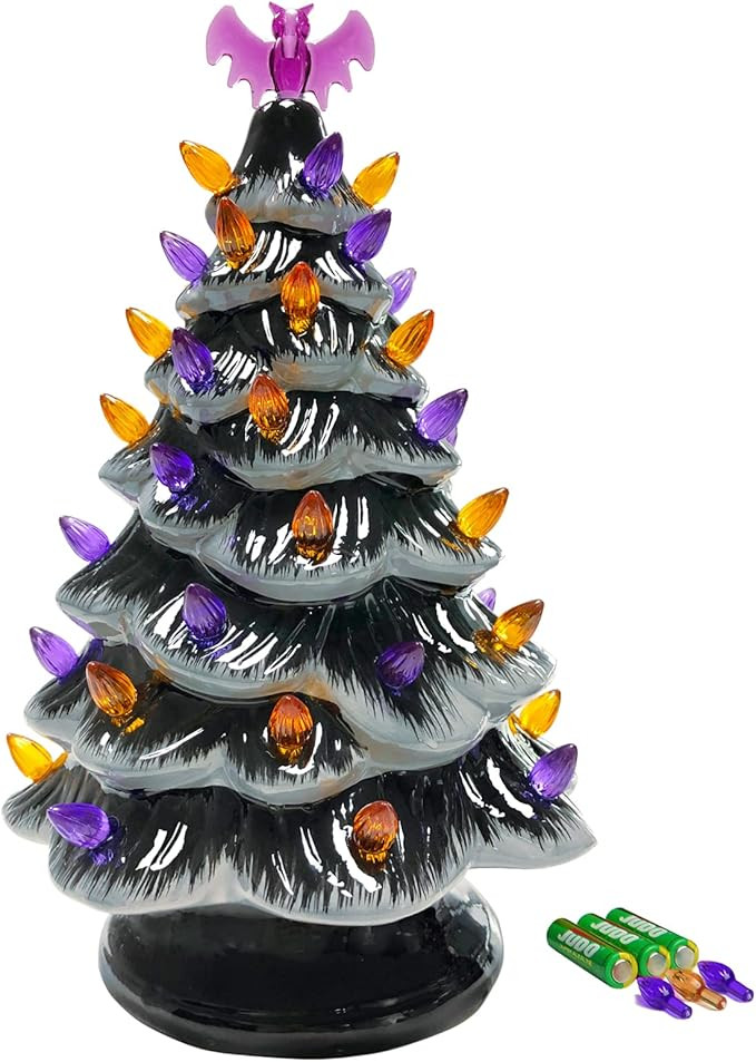 Sunlit Cordless Lighted Ceramic Halloween Tree Tabletop Halloween Decoration 2021 Pre-Lit Orange ... | Amazon (US)