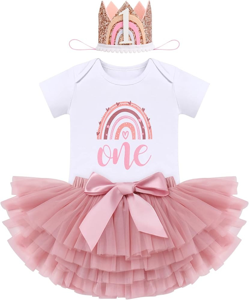 Rainbow 1st Birthday Outfit for Baby Girls Romper Tutu Skirt Tulle Bloomers Headband First Birthd... | Amazon (US)
