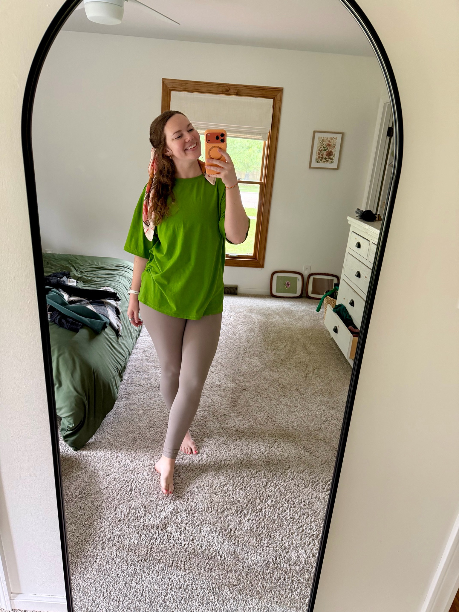 Added a hair scarf to make me feel a little more fun at home the other day 🤭Wearing a grass green FreePeople dupe tshirt & lizard gray leggings!! 💚🫶🏻🍂 Shirt is on sale for $15!

Size M in both tshirt & leggings! 

#LTKmomlife #LTKSeasonal #LTKSaleAlert