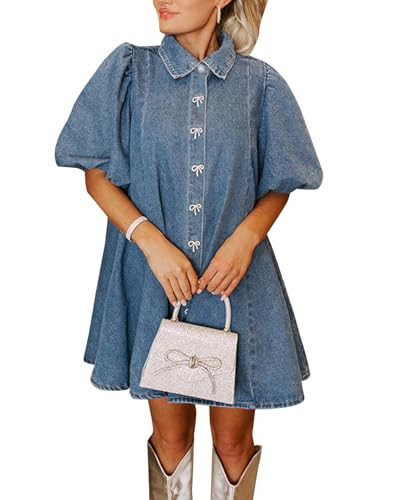 LifeShe Women Short Puff Sleeve Denim Dress Babydoll Mini Dress Casual Flowy Swing Jean Dresses Blue | Amazon (US)