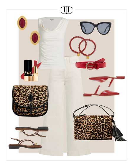 A fun pop of leopard print to bring some excitement to any outfit. 

White denim, white pants, sleeveless top, leopard belt, red shoes, flats, sunglasses, cross body bag, leopard bag, summer look, summer outfit 

#LTKstyletip #LTKshoecrush #LTKover40