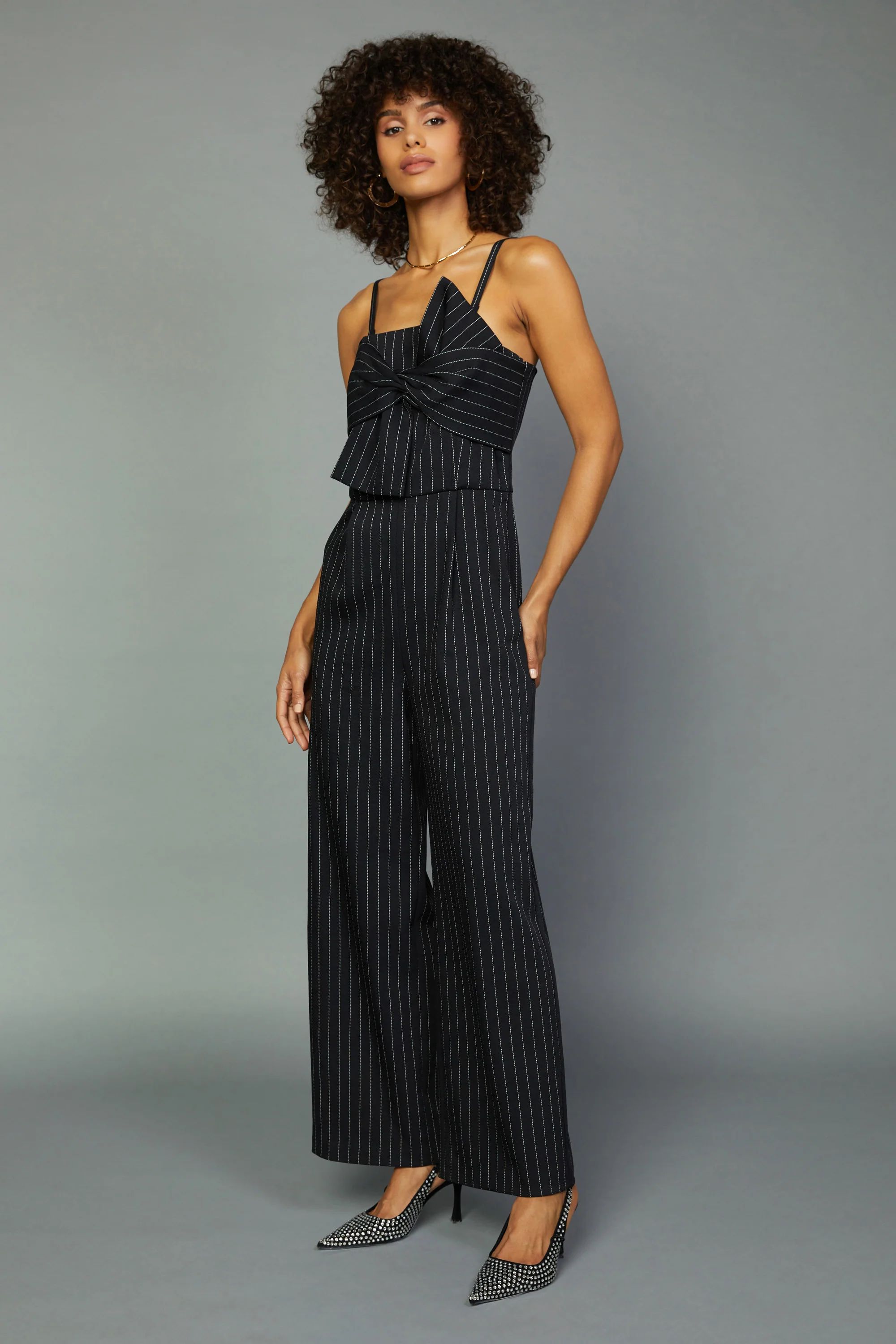 Pinstriped Bow Detail Jumpsuit | Current Air
