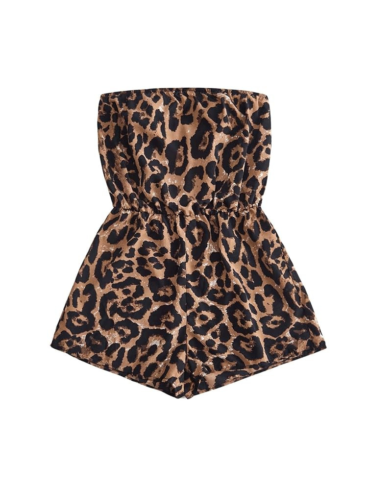 OYOANGLE Women's Strapless Leopard Print Romper Sleeveless Casual Short Jumpsuit | Amazon (US)