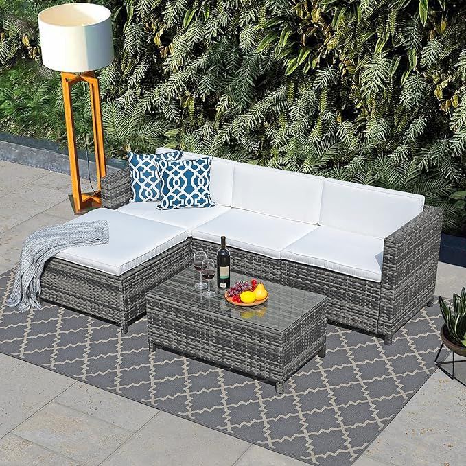 JOIVI Patio Furniture Sets, 5 Pieces All-Weather Outdoor Sectional Sofa Grey Wicker Rattan Patio ... | Amazon (US)