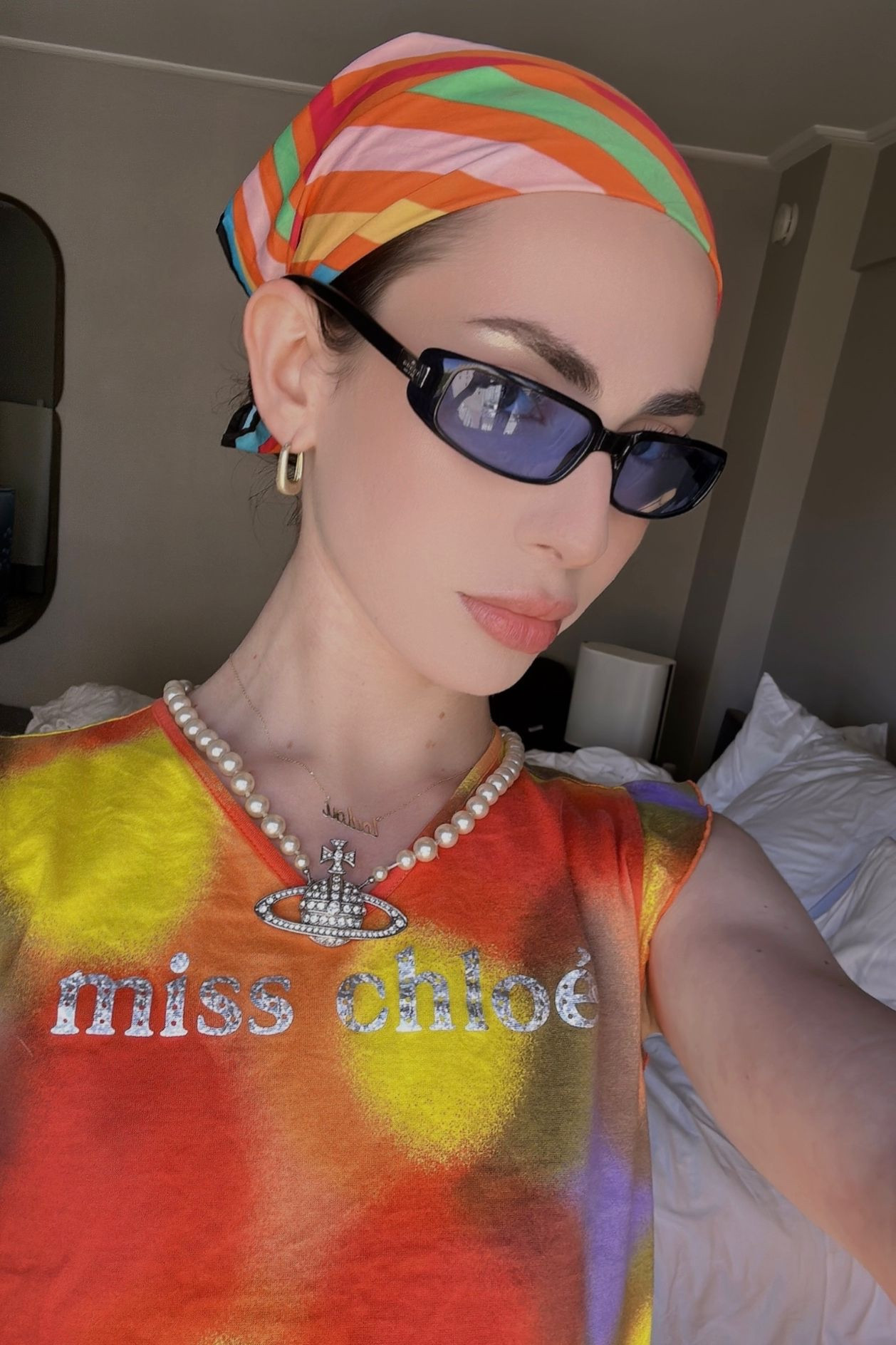 Patterned satin scarf, tie dye baby tee, crop t-shirt, patterned tank top, blue tint sunglasses, pearl necklace, Vivienne Westwood, vintage Gucci

#LTKeurope #LTKSeasonal #LTKstyletip